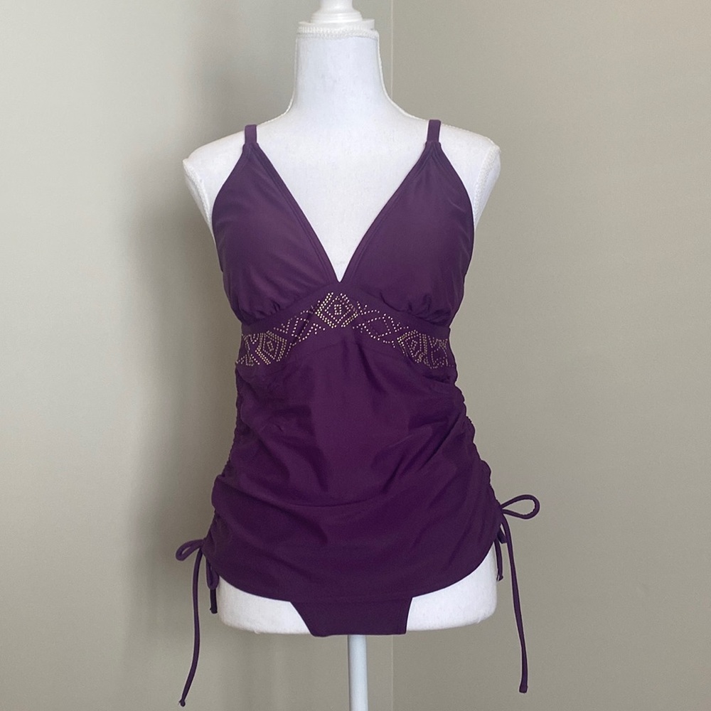 Purple Two-Piece Tankini with Adjustable Straps and Adjustable Ruching